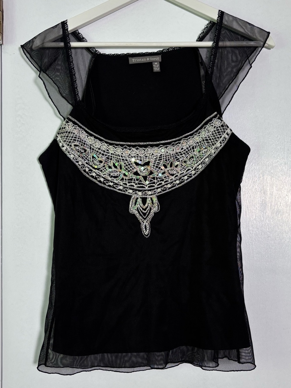 Tristan & Iseut Y2K Beaded Mesh Embellished Top Black Size M - Picture 2 of 11